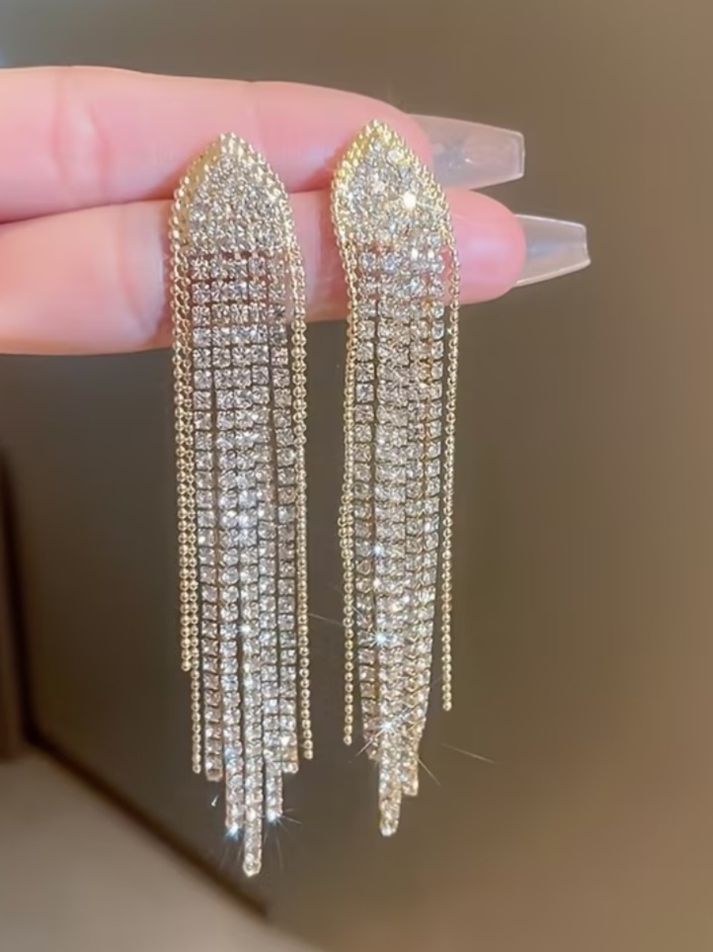 Gold Tone Crystal Fringe Drop Earrings - Elegant Women's Jewelry